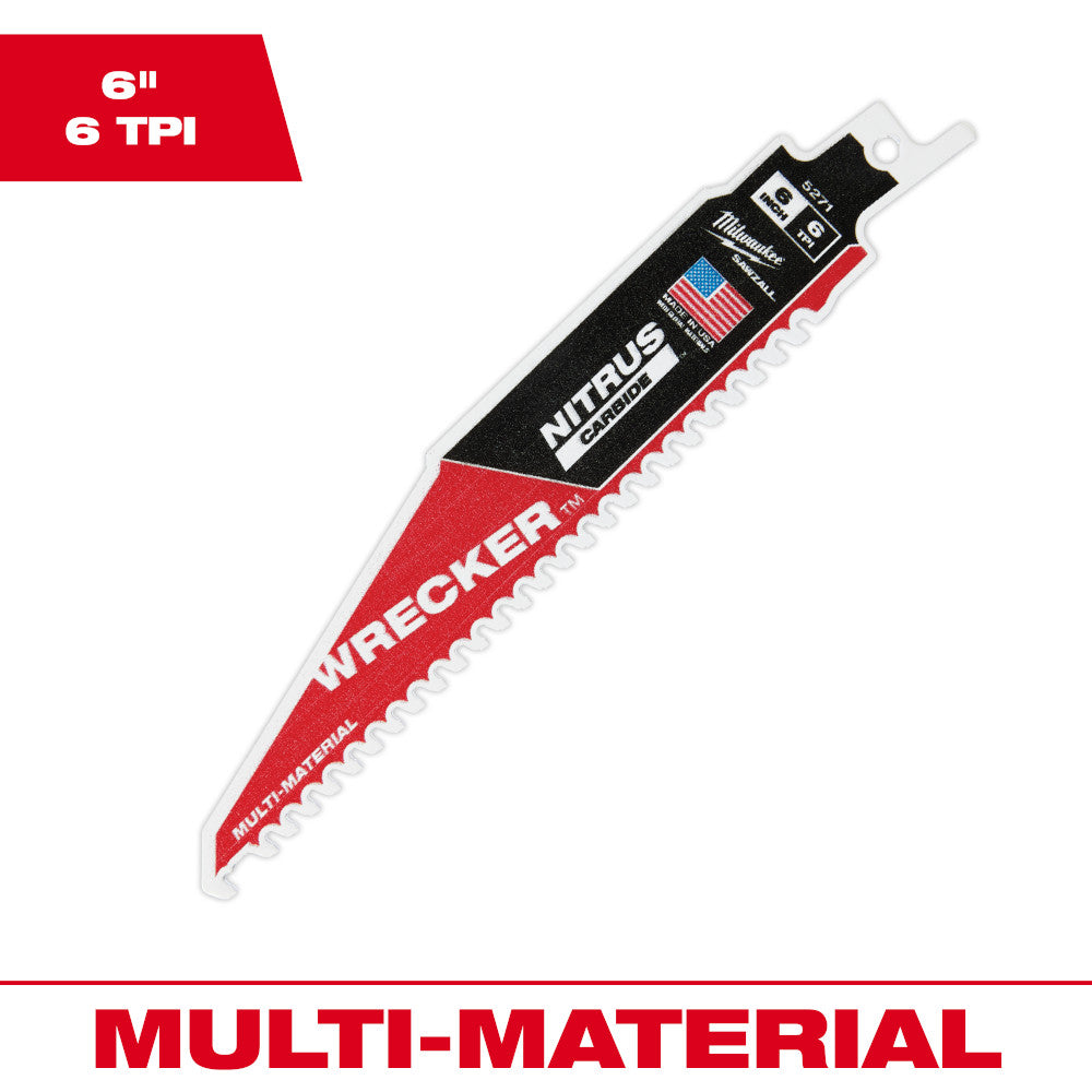 Milwaukee 6" WRECKER reciprocating saw blade with NITRUS CARBIDE coating and 6 TPI teeth.