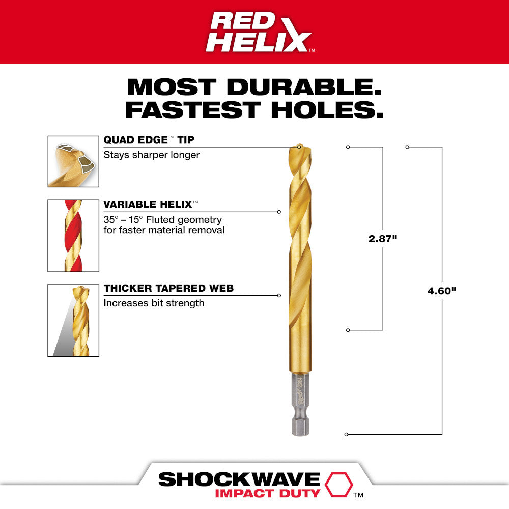 Golden titanium drill bit with variable helix fluting and tapered web design, shown with specifications and feature callouts.