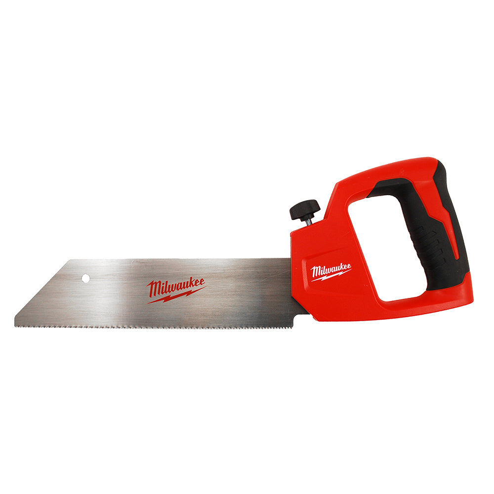 Milwaukee 12-inch PVC/ABS saw with red handle, black grip, and serrated metal blade.