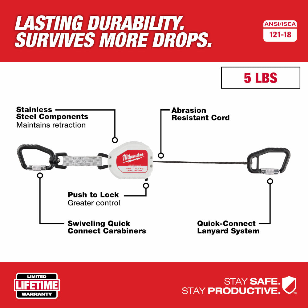 Milwaukee 5Lbs 50" retractable tool lanyard with stainless steel carabiners, abrasion-resistant cord, and push-to-lock mechan