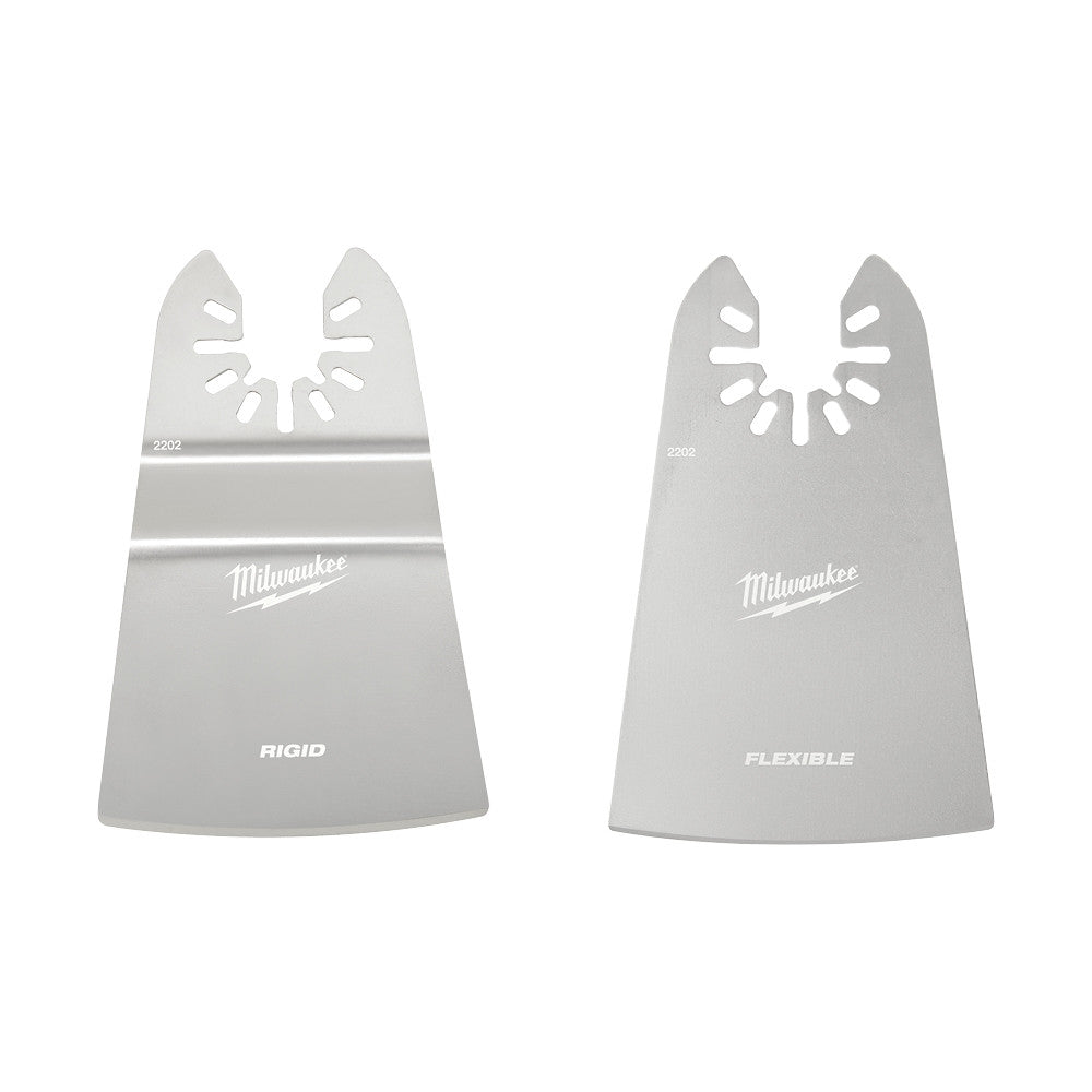 Two-piece Milwaukee OPEN-LOK scraper set with rigid and flexible 2-inch blades featuring slotted heads.