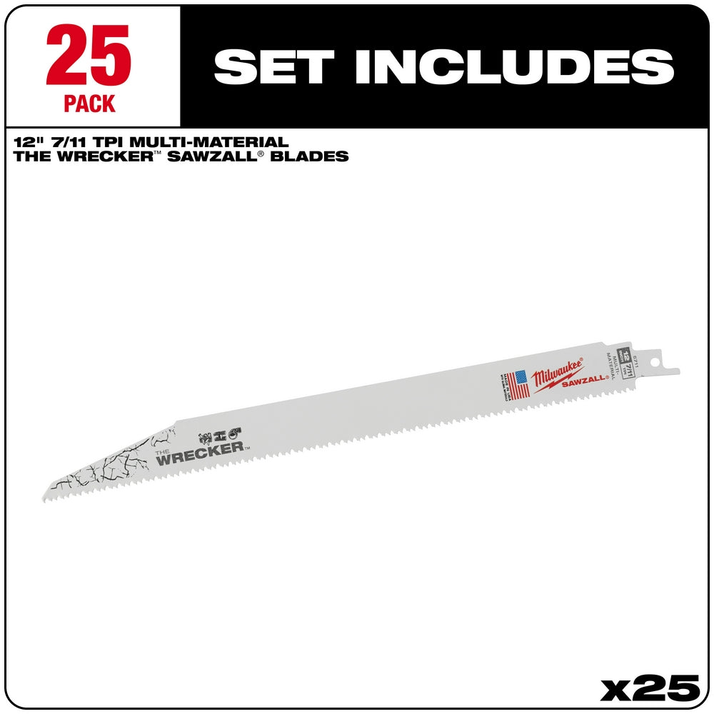 12-inch reciprocating saw blade with serrated cutting edge and Milwaukee branding on mount.