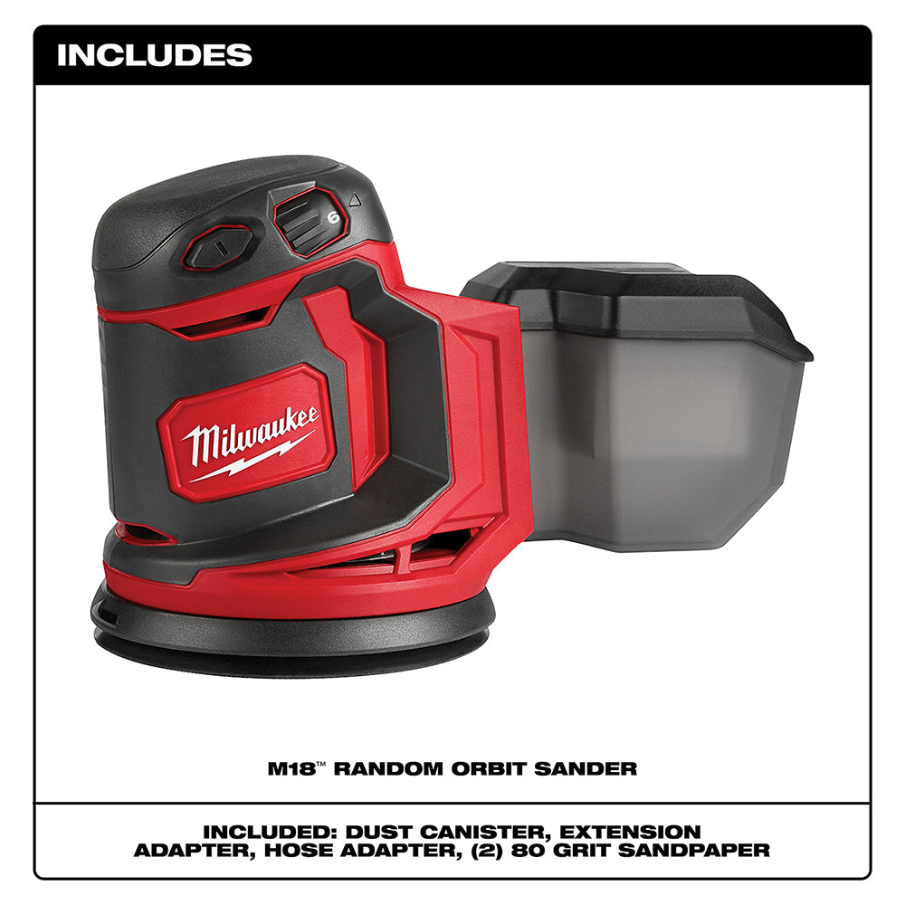 Red and black M18 random orbit sander with dust canister, extension adapter, hose adapter, and sandpaper included.
