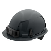 Gray hard hat with front brim, vented crown, and black ratcheting suspension straps on sides.