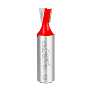 Silver router bit with red cutting head and angled dovetail-shaped edges for woodworking joints.
