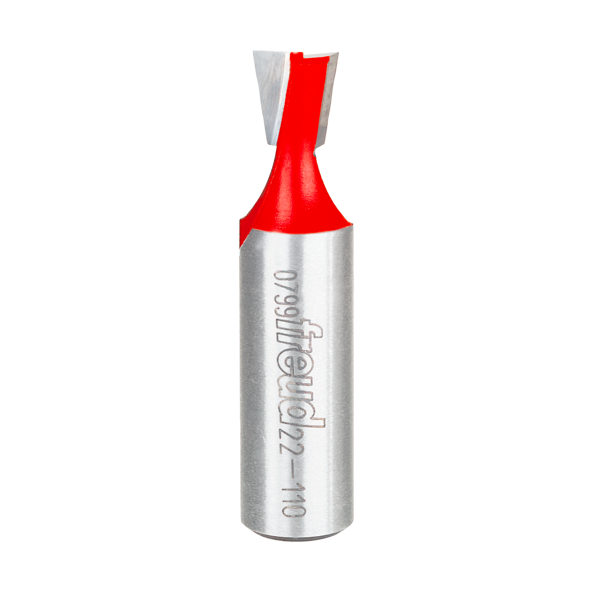 Silver router bit with red cutting head and angled dovetail-shaped edges for woodworking joints.