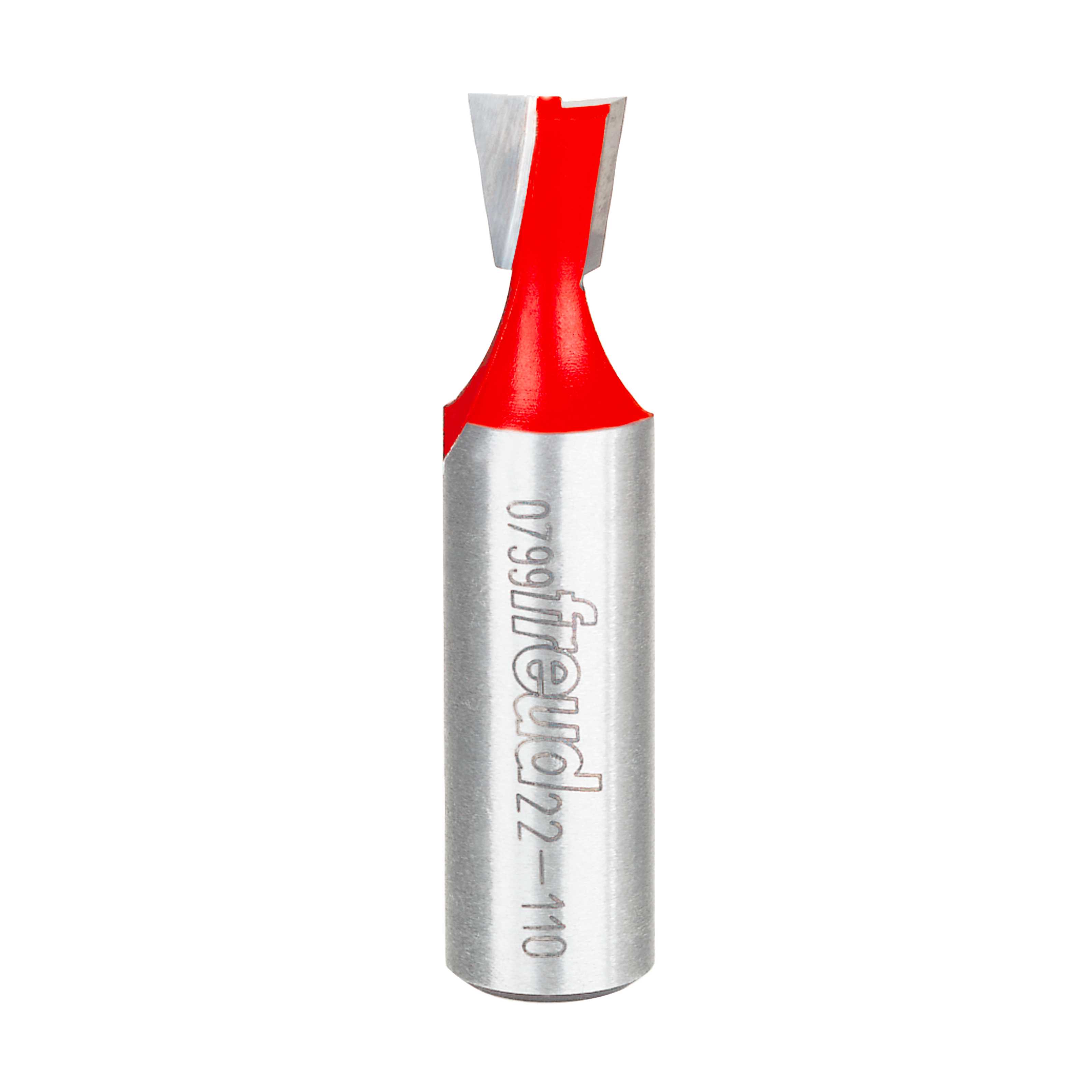 Silver router bit with red cutting head and angled dovetail-shaped edges for woodworking joints.
