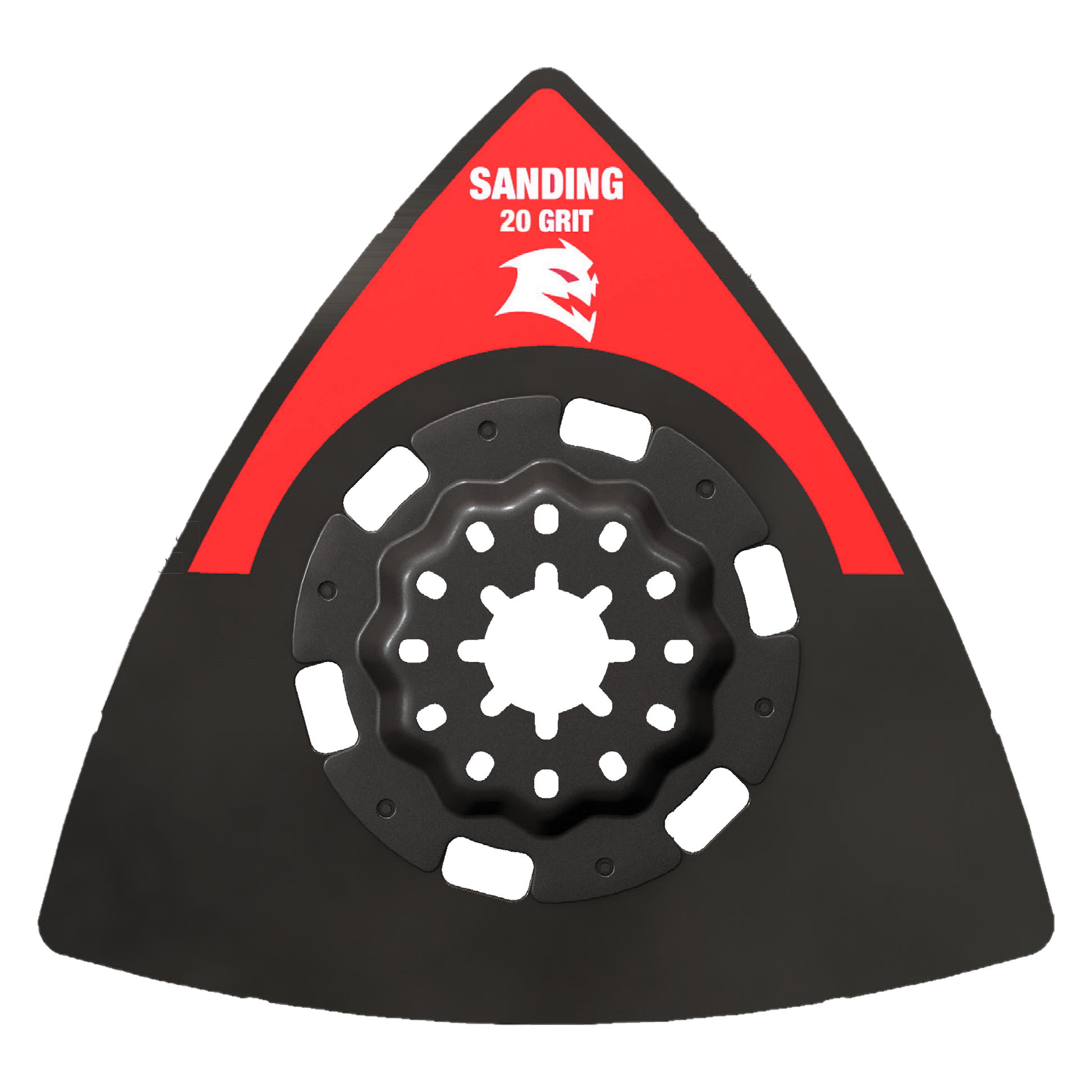 Triangular black sanding plate with red top surface labeled "20 GRIT" and white Starlock attachment points around the center 