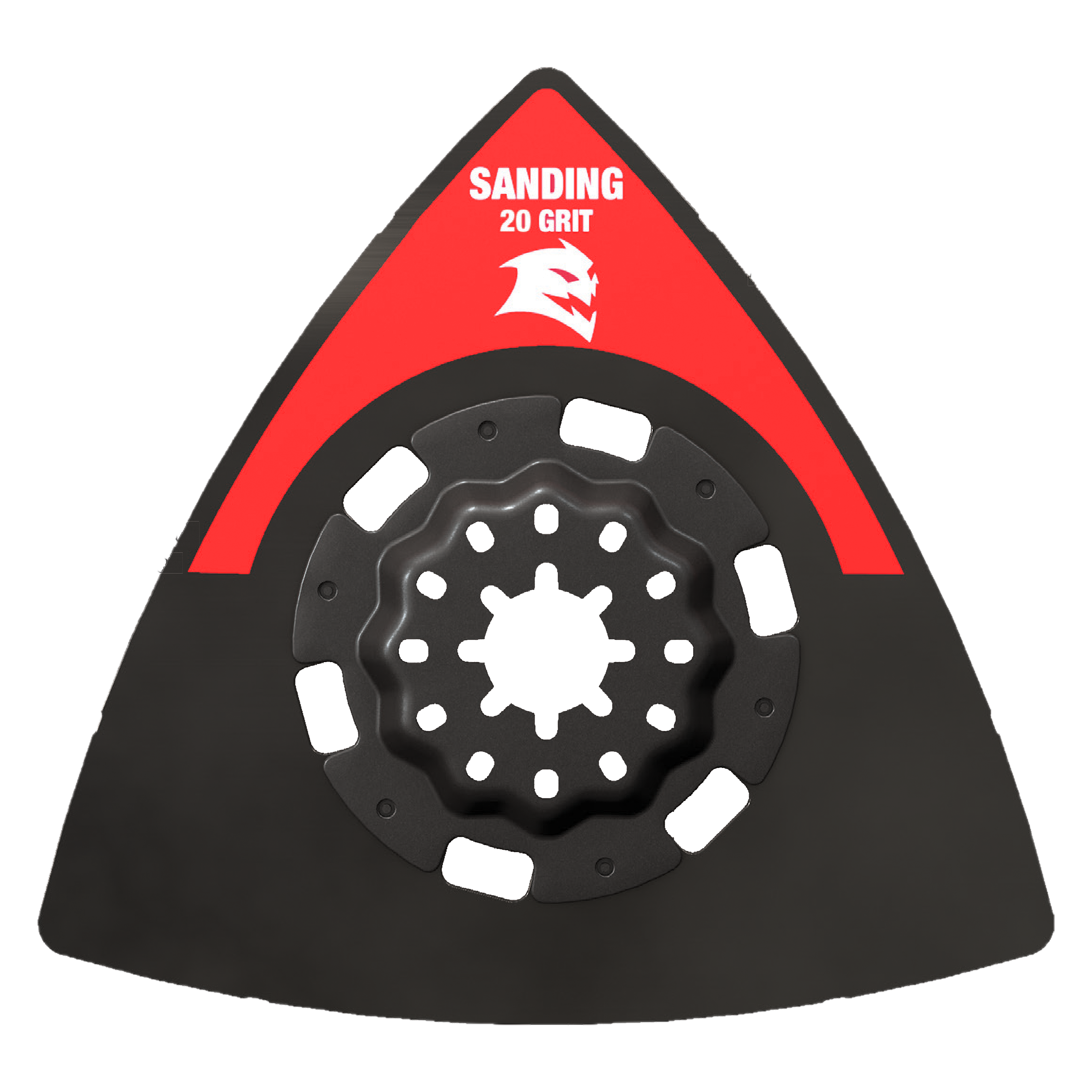 Triangular black sanding plate with red top surface labeled "20 GRIT" and white Starlock attachment points around the center 