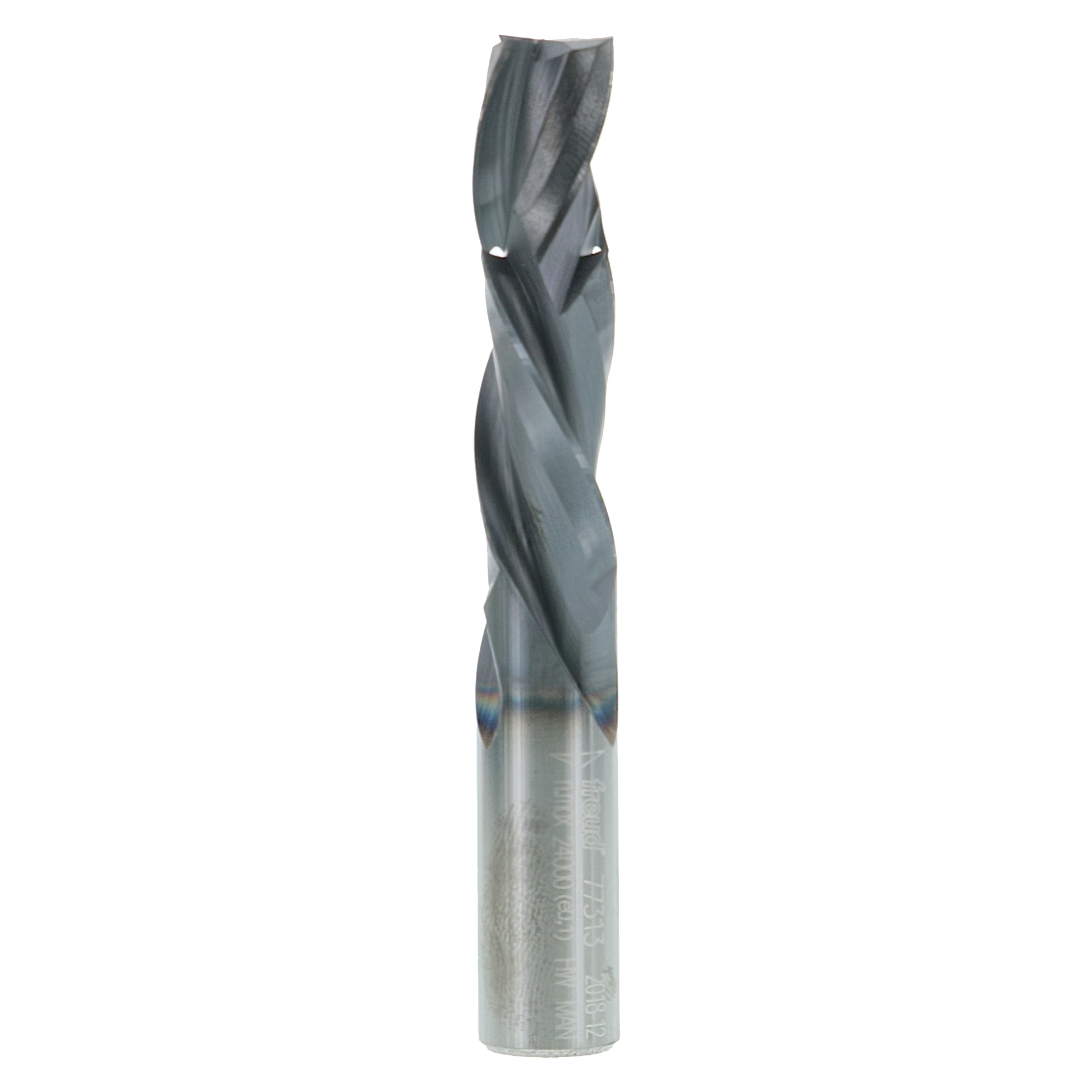 Gray spiral router bit with metallic shank, 1/2" diameter with twisted flutes for woodworking.