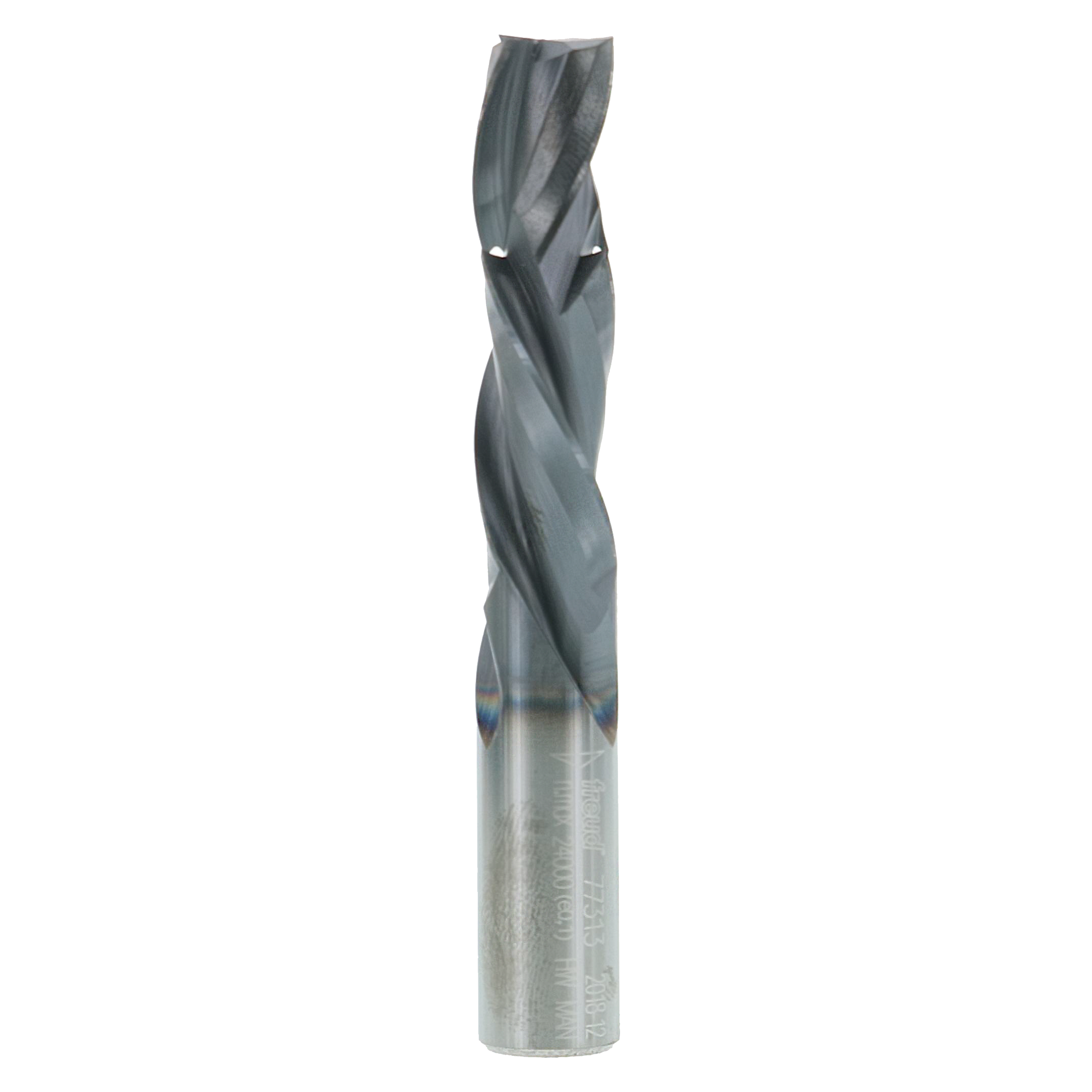 Gray spiral router bit with metallic shank, 1/2" diameter with twisted flutes for woodworking.