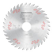 Freud LU2B01 150mm circular saw blade with carbide-tipped teeth, center arbor hole, and red markings on silver finish.