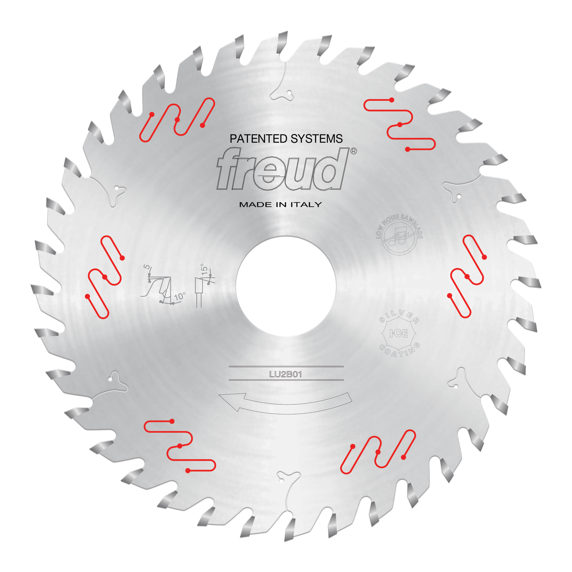 Freud LU2B01 150mm circular saw blade with carbide-tipped teeth, center arbor hole, and red markings on silver finish.