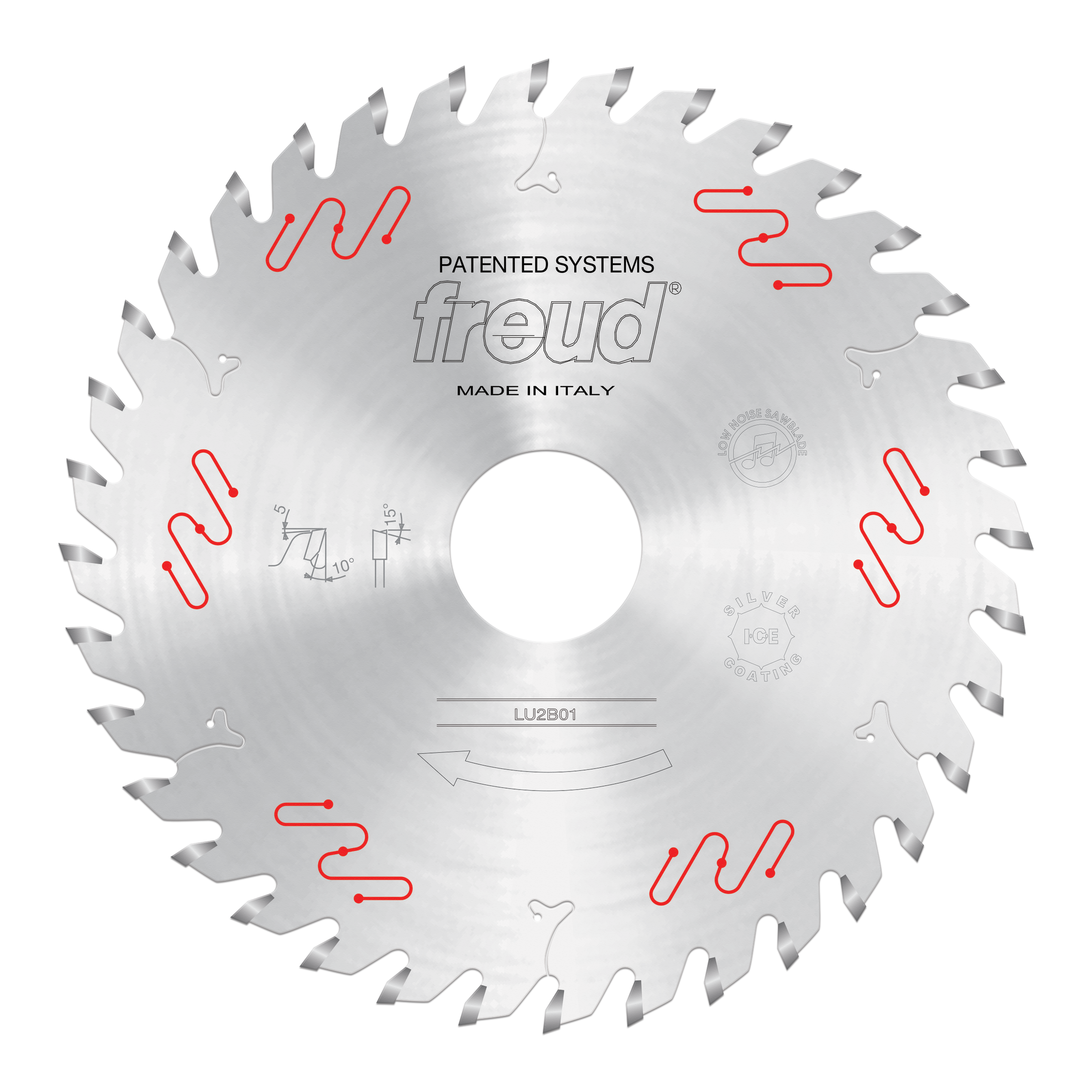 Freud LU2B01 150mm circular saw blade with carbide-tipped teeth, center arbor hole, and red markings on silver finish.