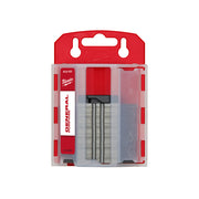 Red and black Milwaukee utility blade dispenser with stacked metal blades visible through clear plastic packaging.