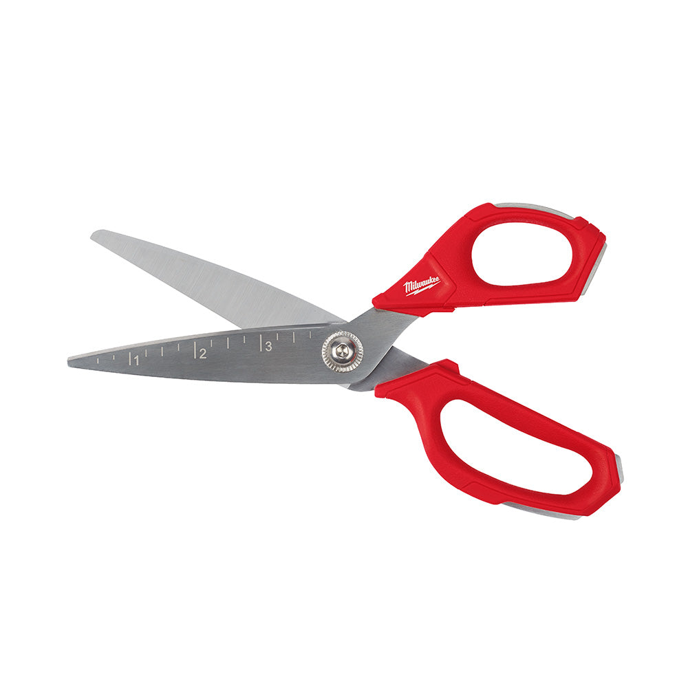 Milwaukee straight scissors with red handles, gray metal blades, and measurement markings along one blade.