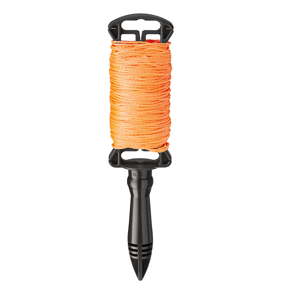 Orange braided line wound on black reel with handle and pointed stake attachment.
