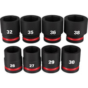 Eight black metric sockets with red bands, sizes 26-38mm, arranged in two rows.
