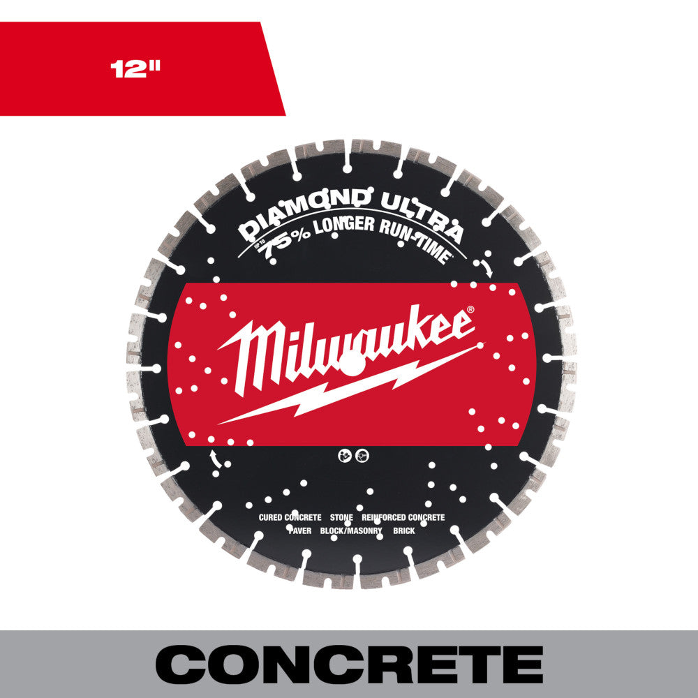 12-inch Milwaukee Diamond Ultra segmented saw blade with black and red label for concrete cutting.