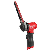 Red and black Milwaukee M12 FUEL bandfile with 1/2" x 18" sanding belt, angled view.