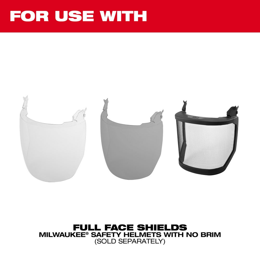 Three full face shields in clear, gray, and mesh styles with mounting brackets for helmets.