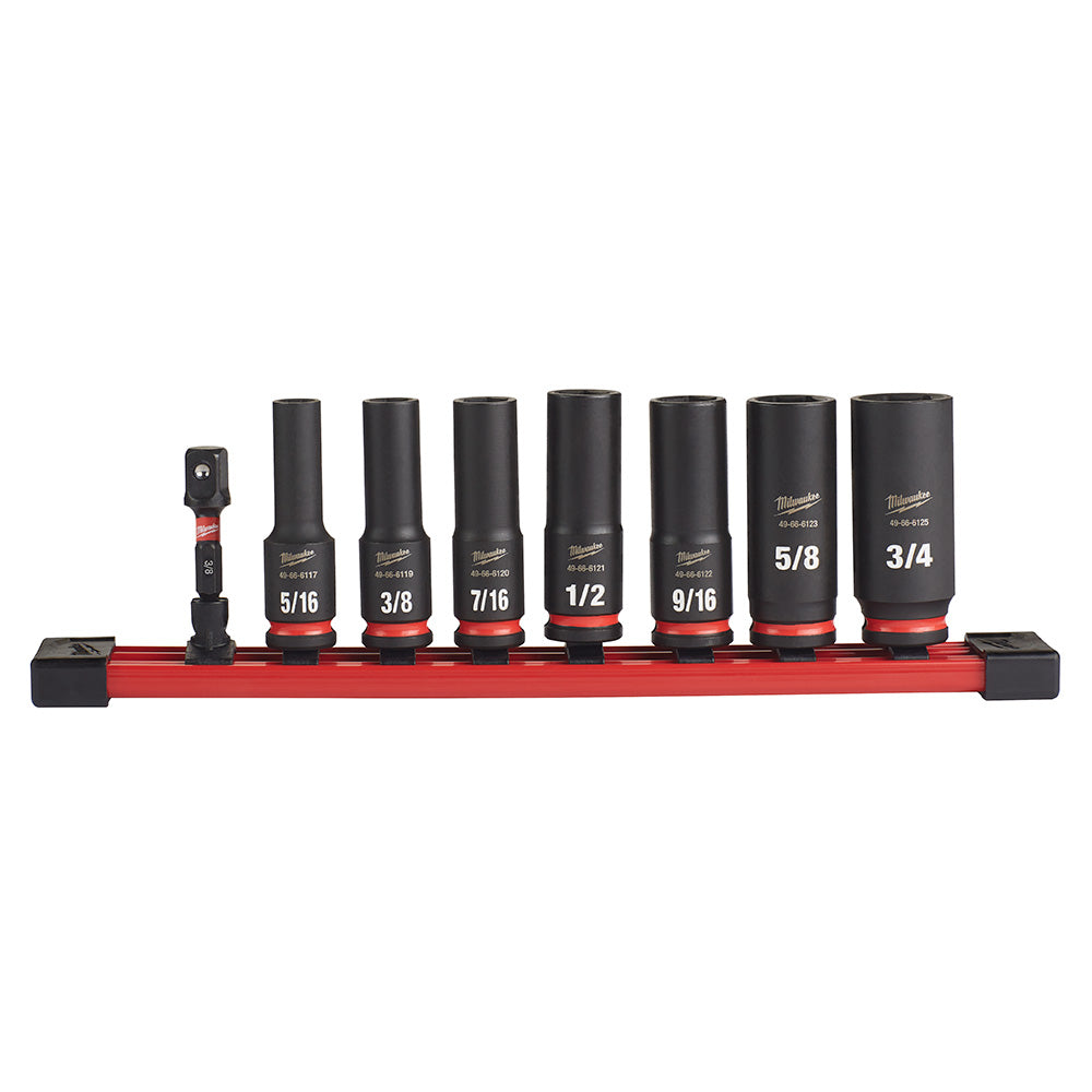 Eight black deep sockets with red bands mounted on a red rail with one adapter, labeled with SAE sizes from 5/16" to 3/4".