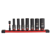 Eight black deep sockets with red bands mounted on a red rail with one adapter, labeled with SAE sizes from 5/16" to 3/4".