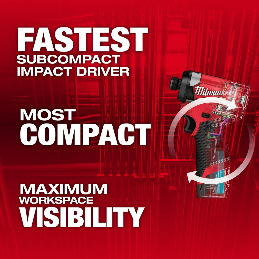 Milwaukee M12 FUEL 1/4" hex impact driver with black grip and red housing on red background.