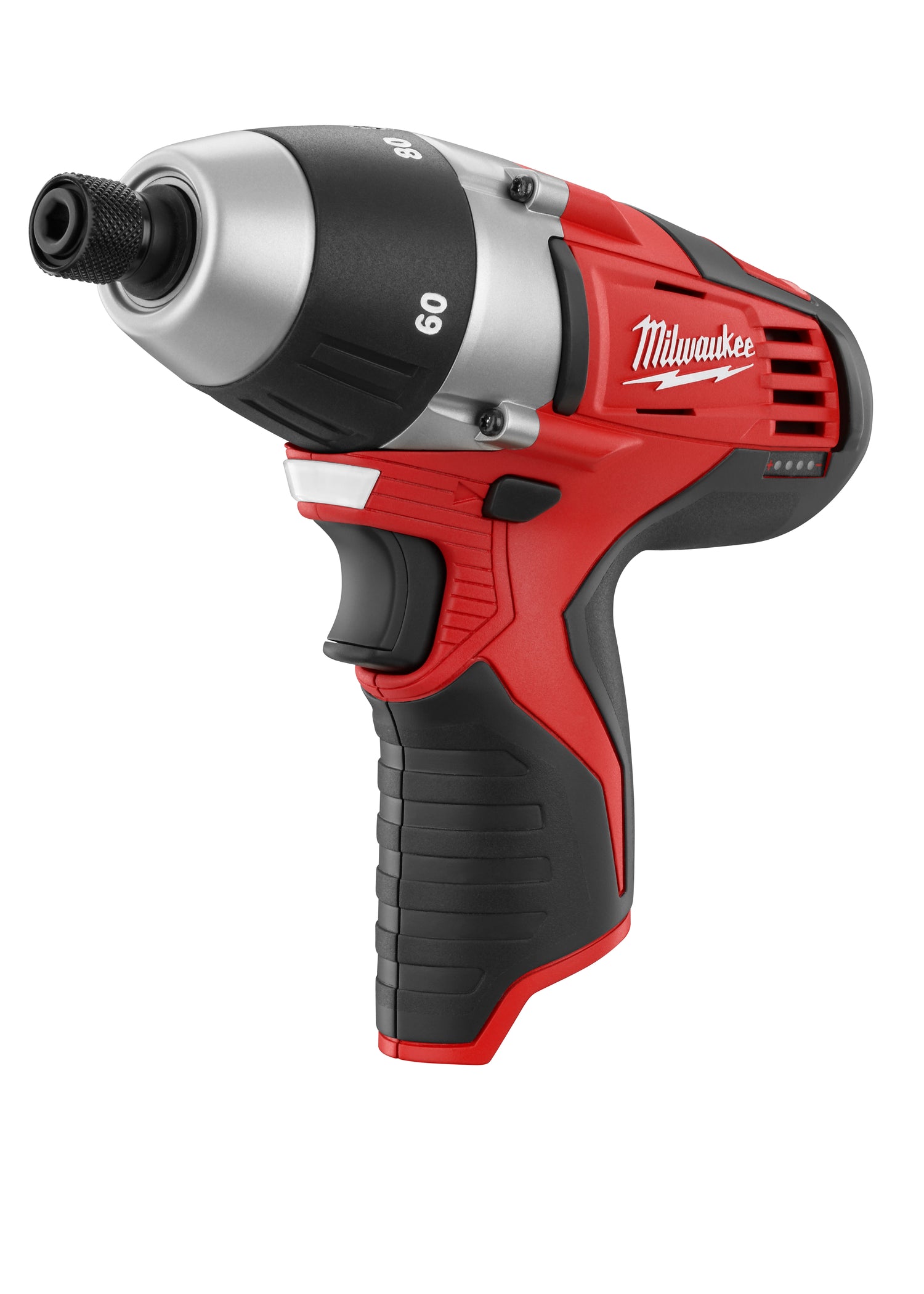 Milwaukee M12 cordless no-hub driver with red and black body, silver and black chuck, and black grip handle.