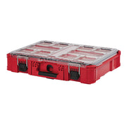Red plastic tool organizer with clear compartmentalized lid, metal handles, and black latches.