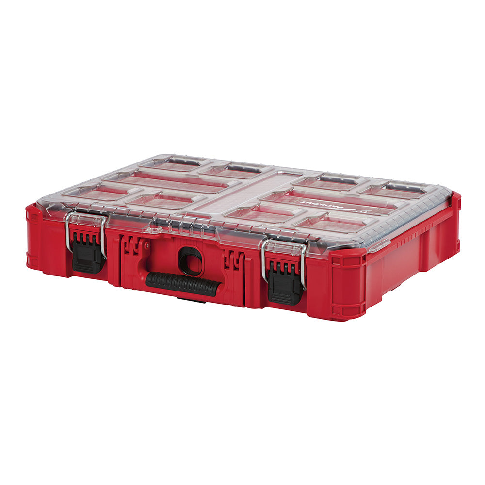 Red plastic tool organizer with clear compartmentalized lid, metal handles, and black latches.