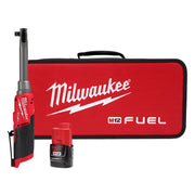 Milwaukee M12 FUEL cordless ratchet with extended reach, M12 battery, and red carrying case.