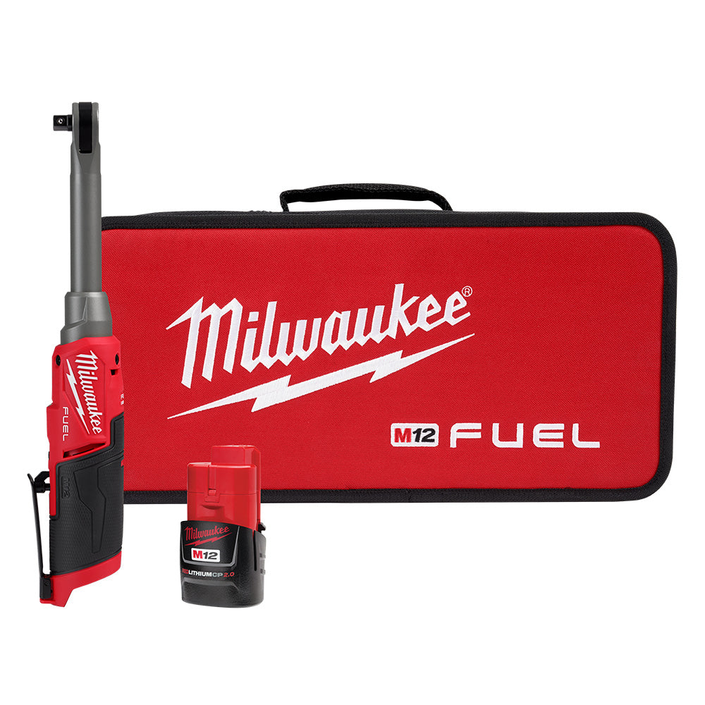 Milwaukee M12 FUEL cordless ratchet with extended reach, M12 battery, and red carrying case.