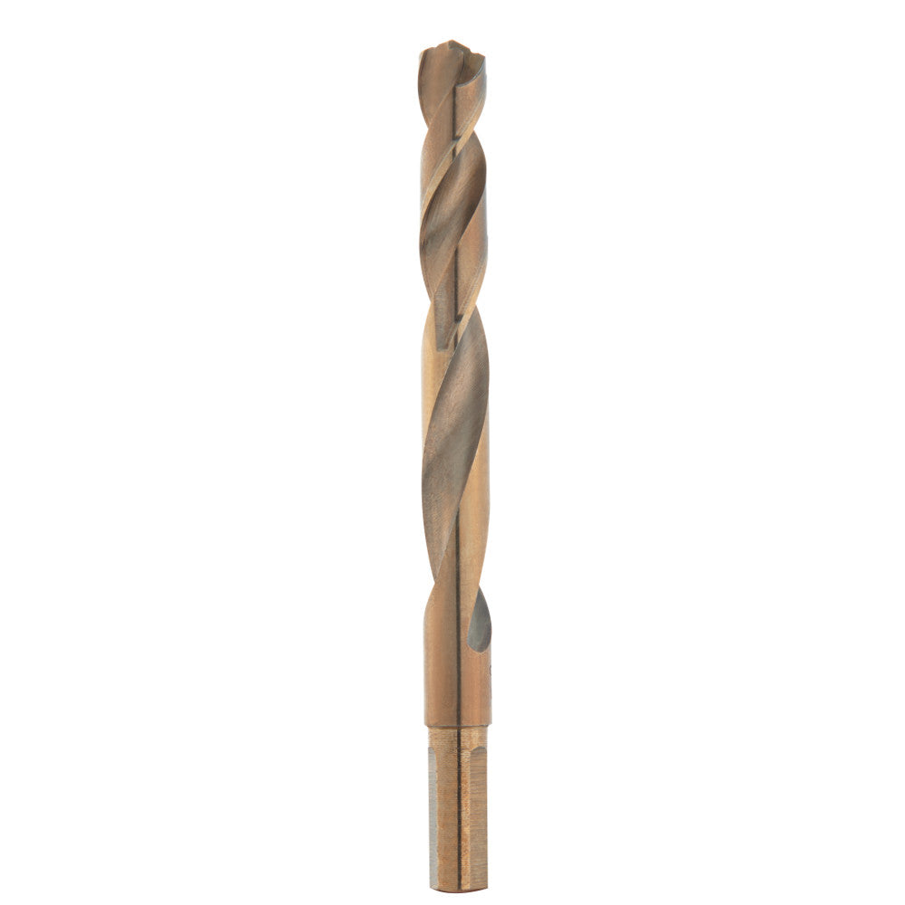 Milwaukee RED HELIX cobalt twist drill bit with fluted shaft and cylindrical shank, 27/64" diameter.