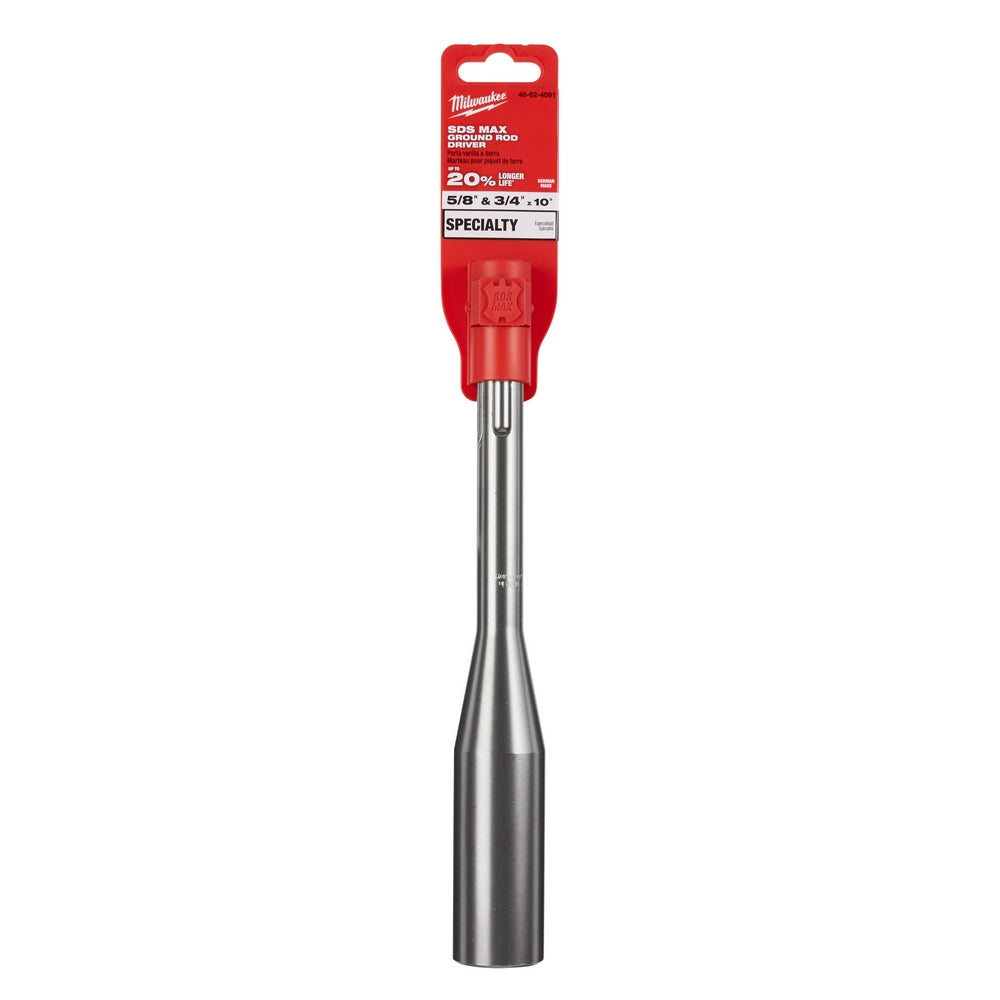 Milwaukee SDS-Max ground rod with red plastic handle and tapered steel shaft for demolition work.