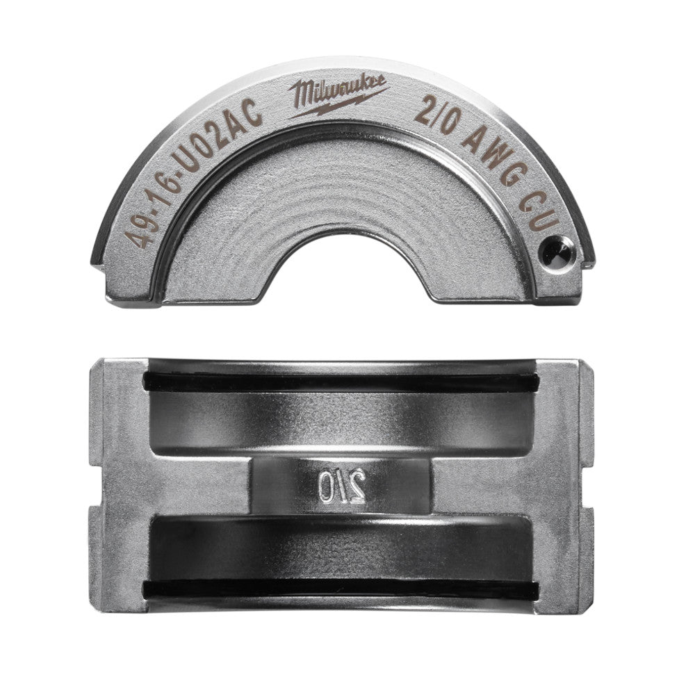 Milwaukee 49-16-U02AC 2/0 copper U-style die with curved upper die and rectangular lower die with slot opening.
