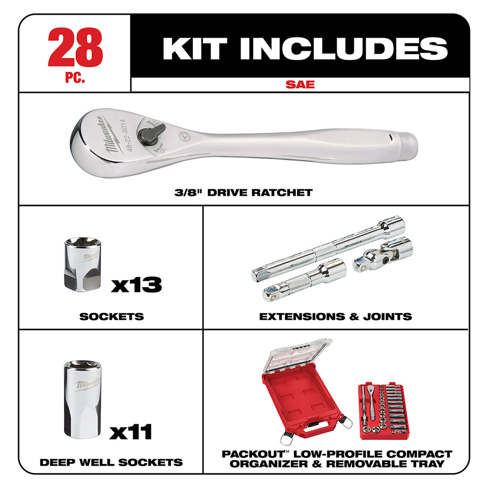 Milwaukee 48-22-9481 3/8" 28 Pc Ratchet & Socket Set with PACKOUT Organizer