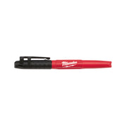 Milwaukee Inkzall fine point marker with red barrel, black grip, and black cap against white background.