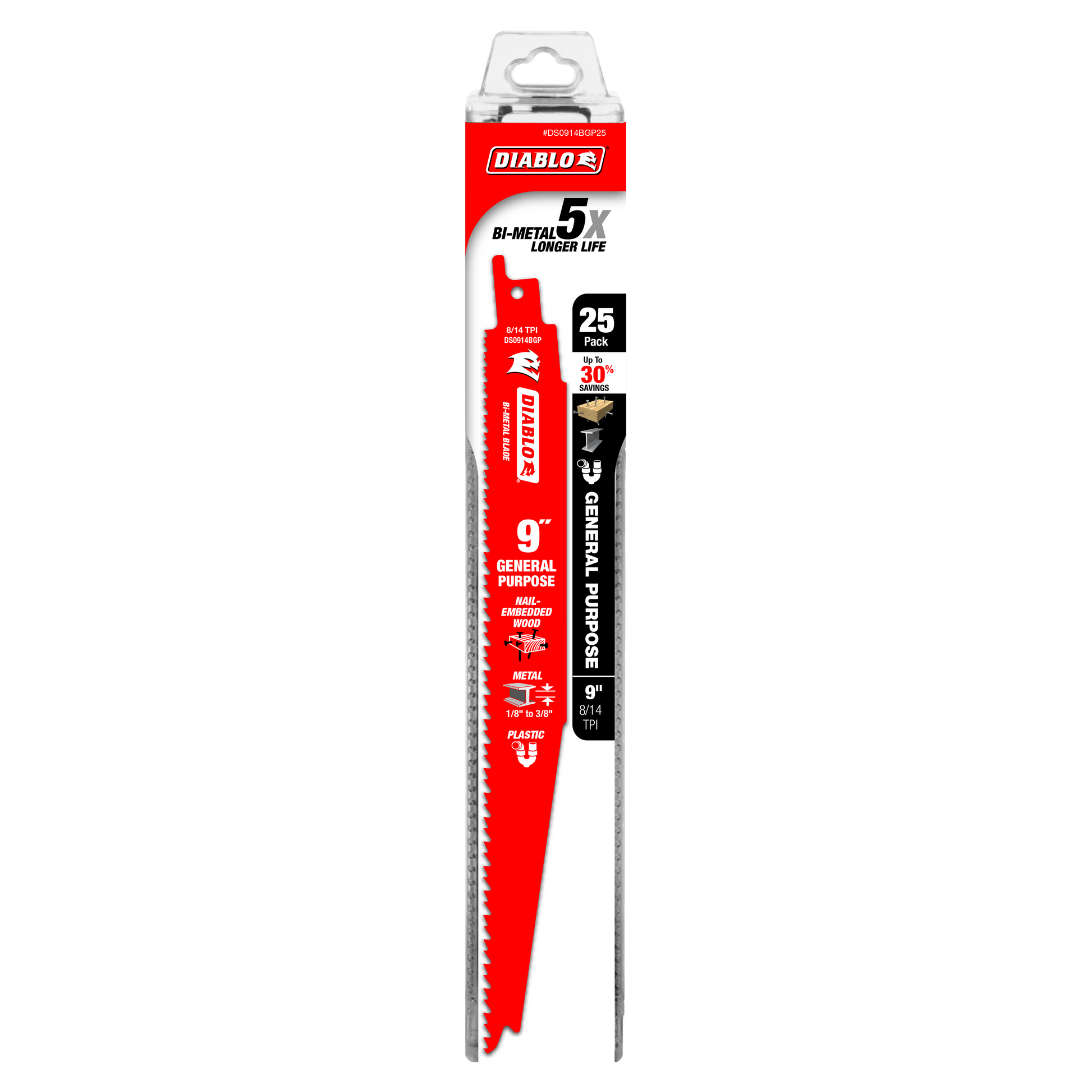 Diablo 9-inch bi-metal reciprocating saw blade with red packaging and black label indicating 25-pack quantity.