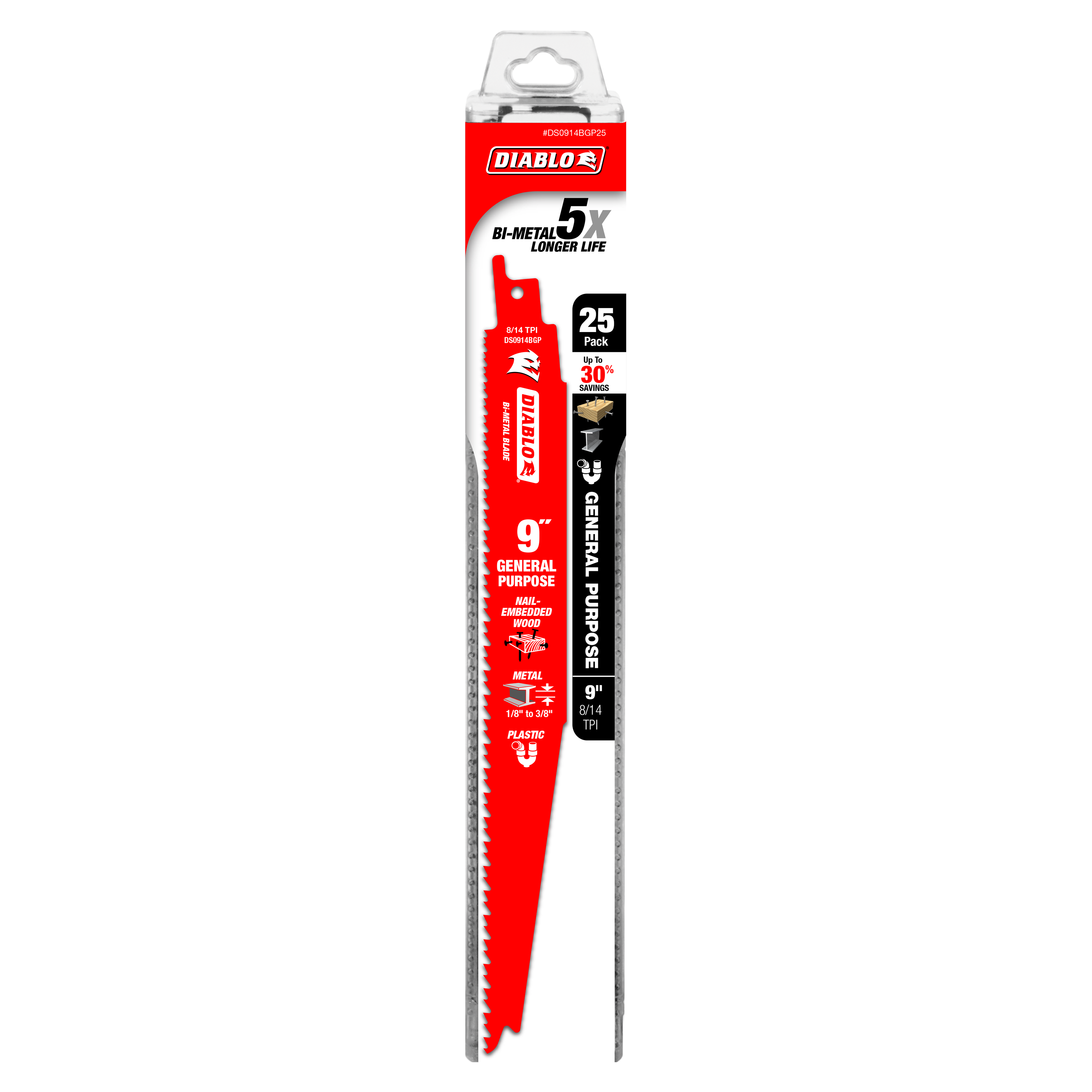 Diablo 9-inch bi-metal reciprocating saw blade with red packaging and black label indicating 25-pack quantity.