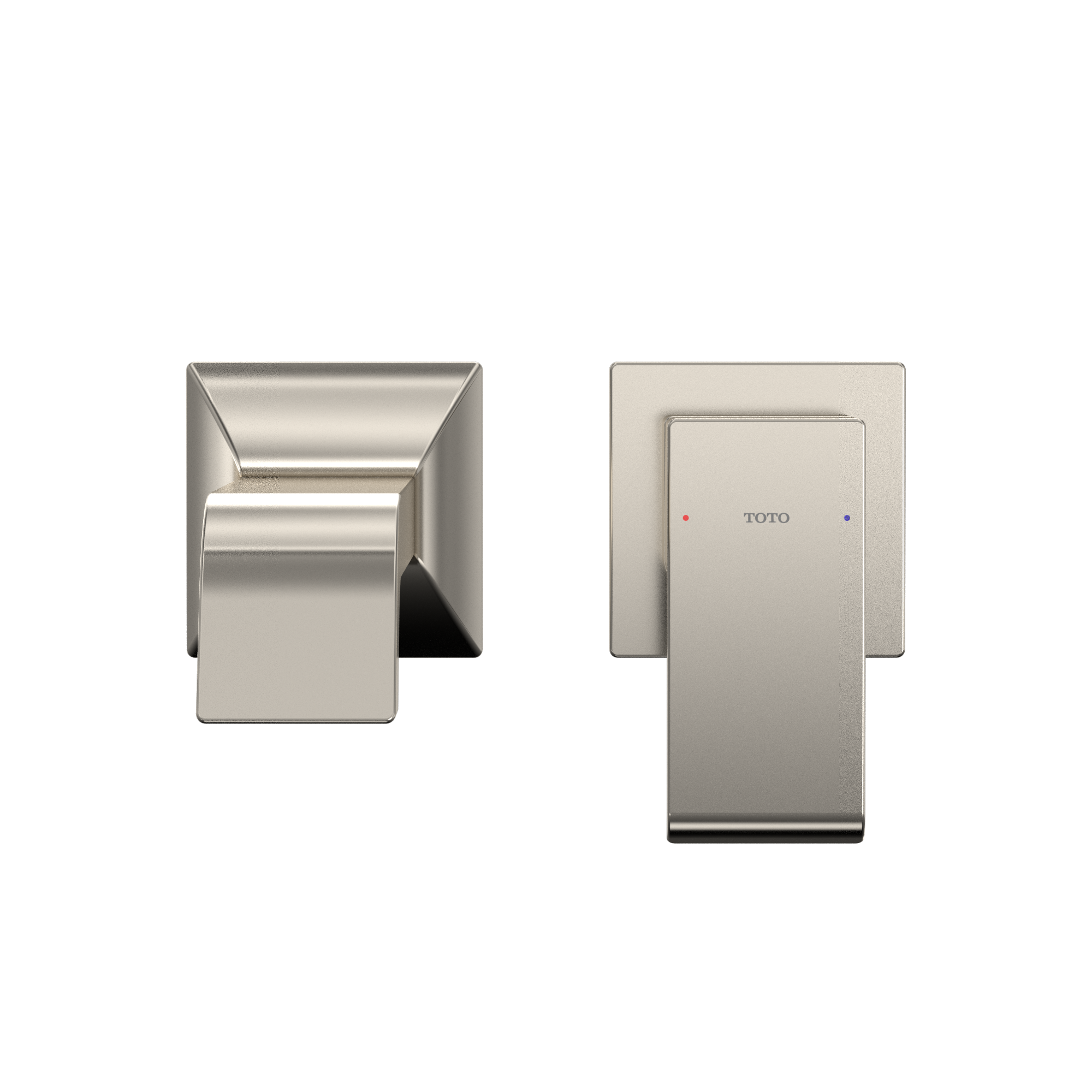 Polished nickel wall-mount bathroom faucet with single handle and square escutcheon plate, shown from front and side views.