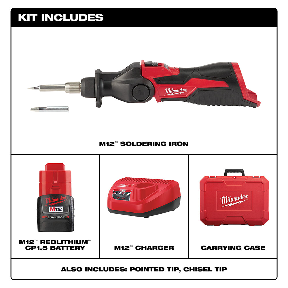 Red and black Milwaukee M12 soldering iron with battery, charger, carrying case, and two replacement tips displayed.