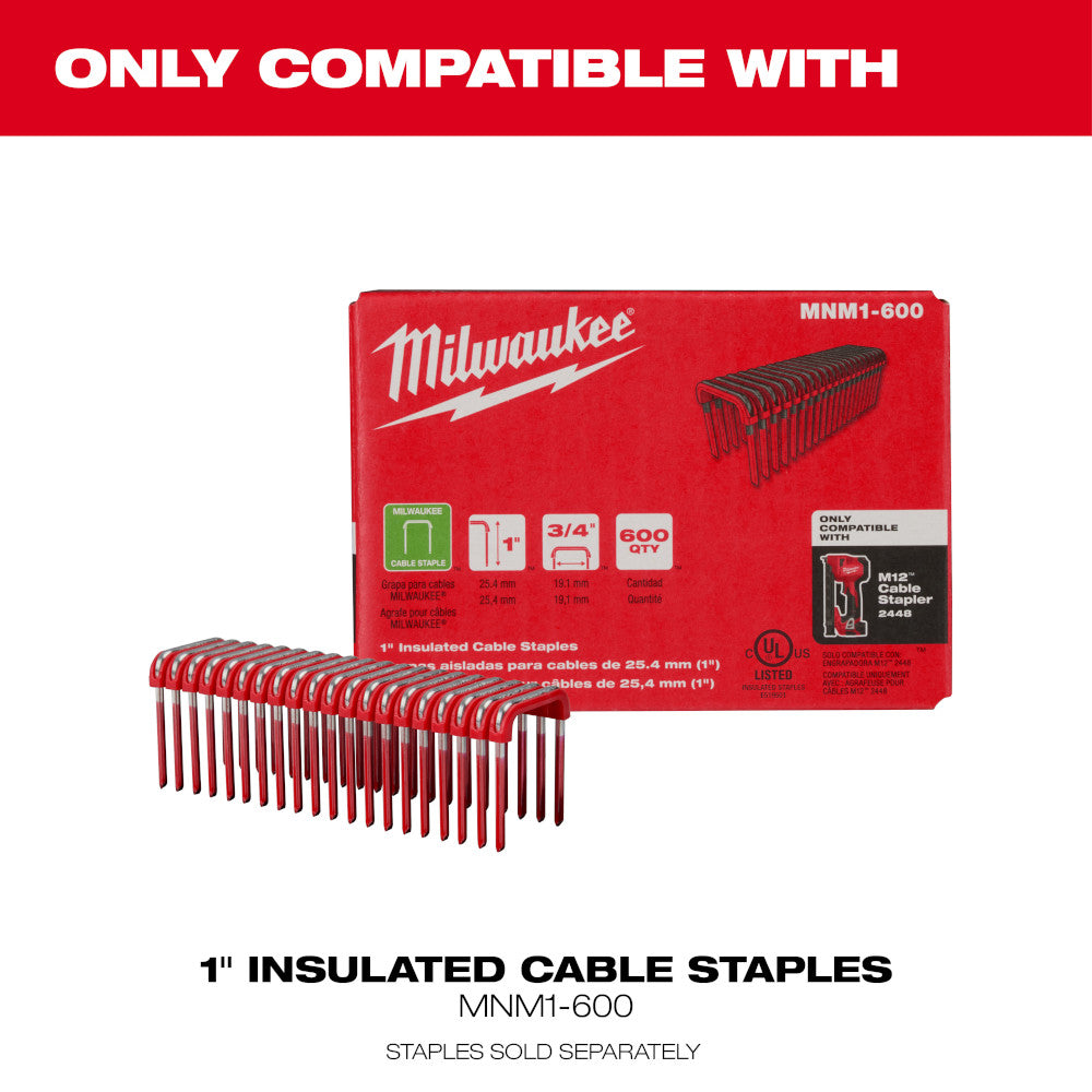 Milwaukee MNM1-600 1" insulated cable staples with red packaging and 600-count strip.