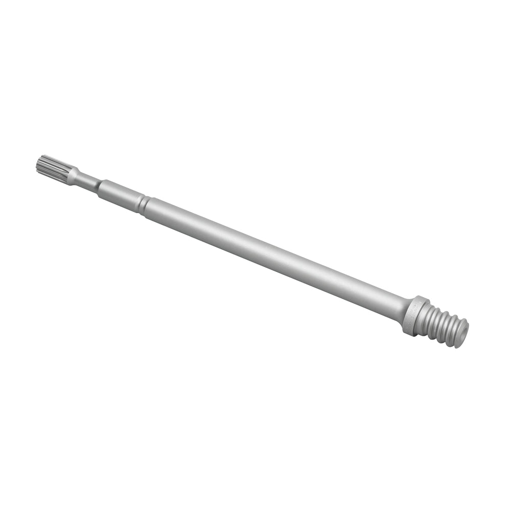 Metallic spline adapter shank with fluted end connection and threaded base on white background.