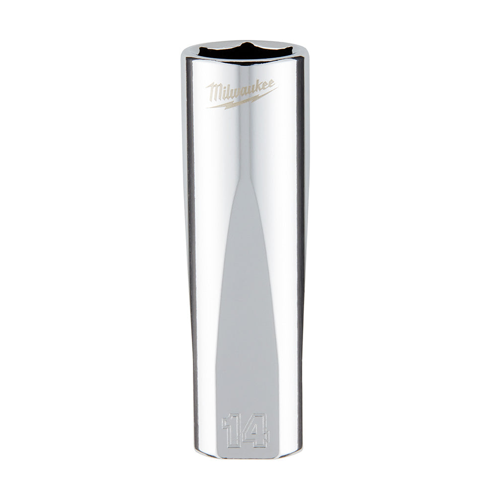 Polished chrome 3/8-inch drive socket with 6-point hexagonal opening and 14mm size marking on body.