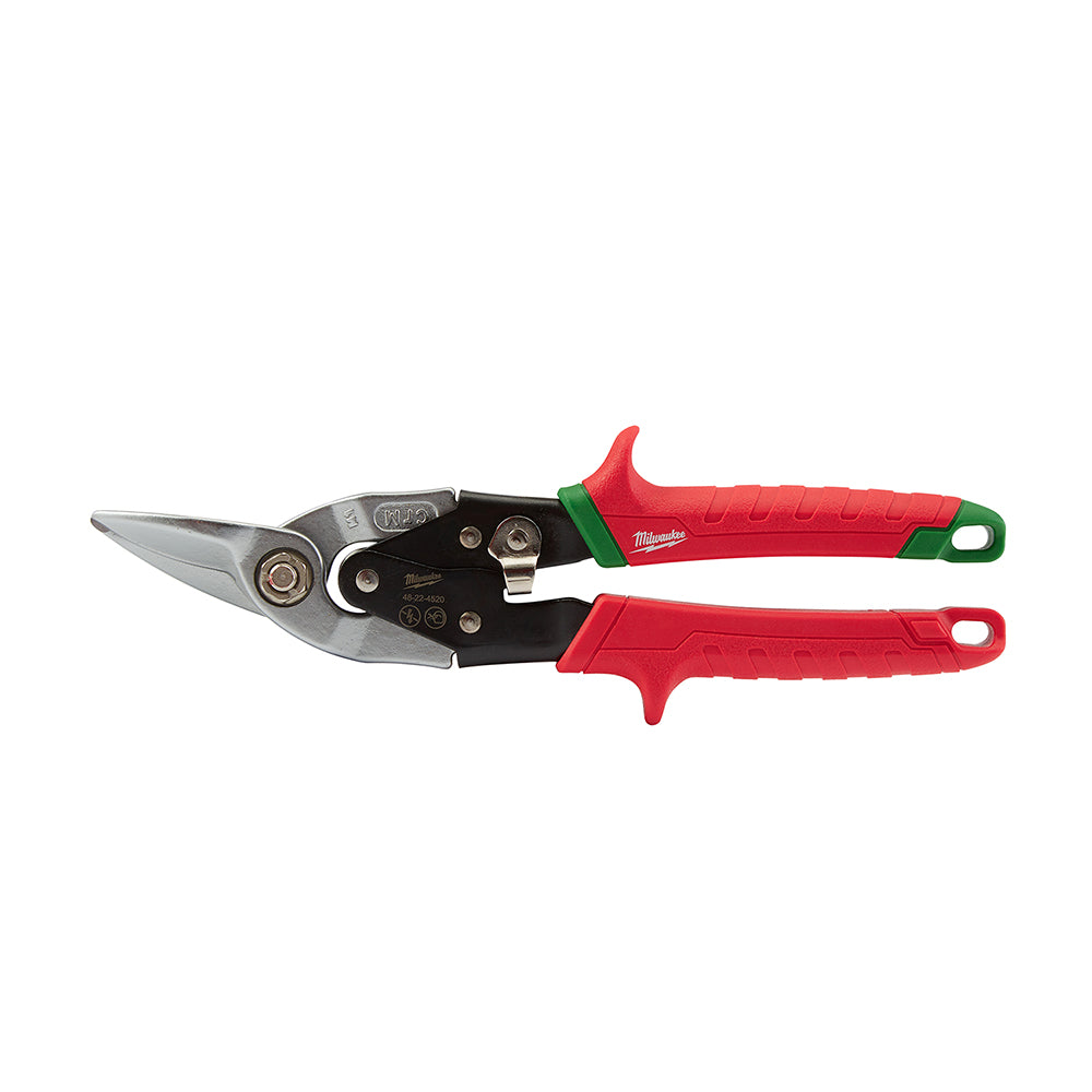 Milwaukee aviation snips with red and green rubber handles and metal cutting blades.