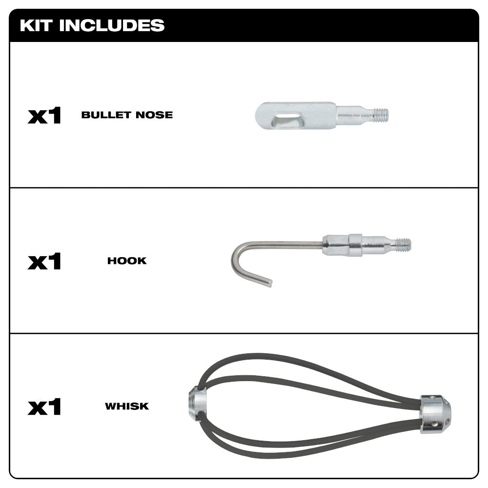 Three-piece Fish Stick accessory kit containing a bullet nose attachment, curved hook, and black whisk attachment.