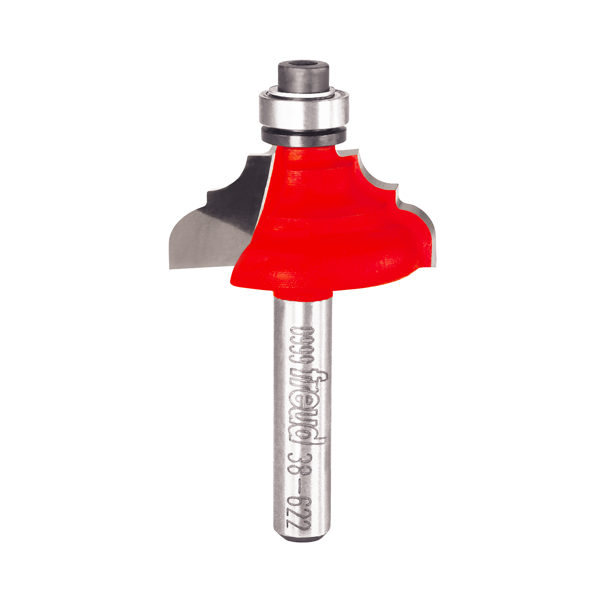 Freud classical cove and round router bit with red cutting head and silver metal shaft.