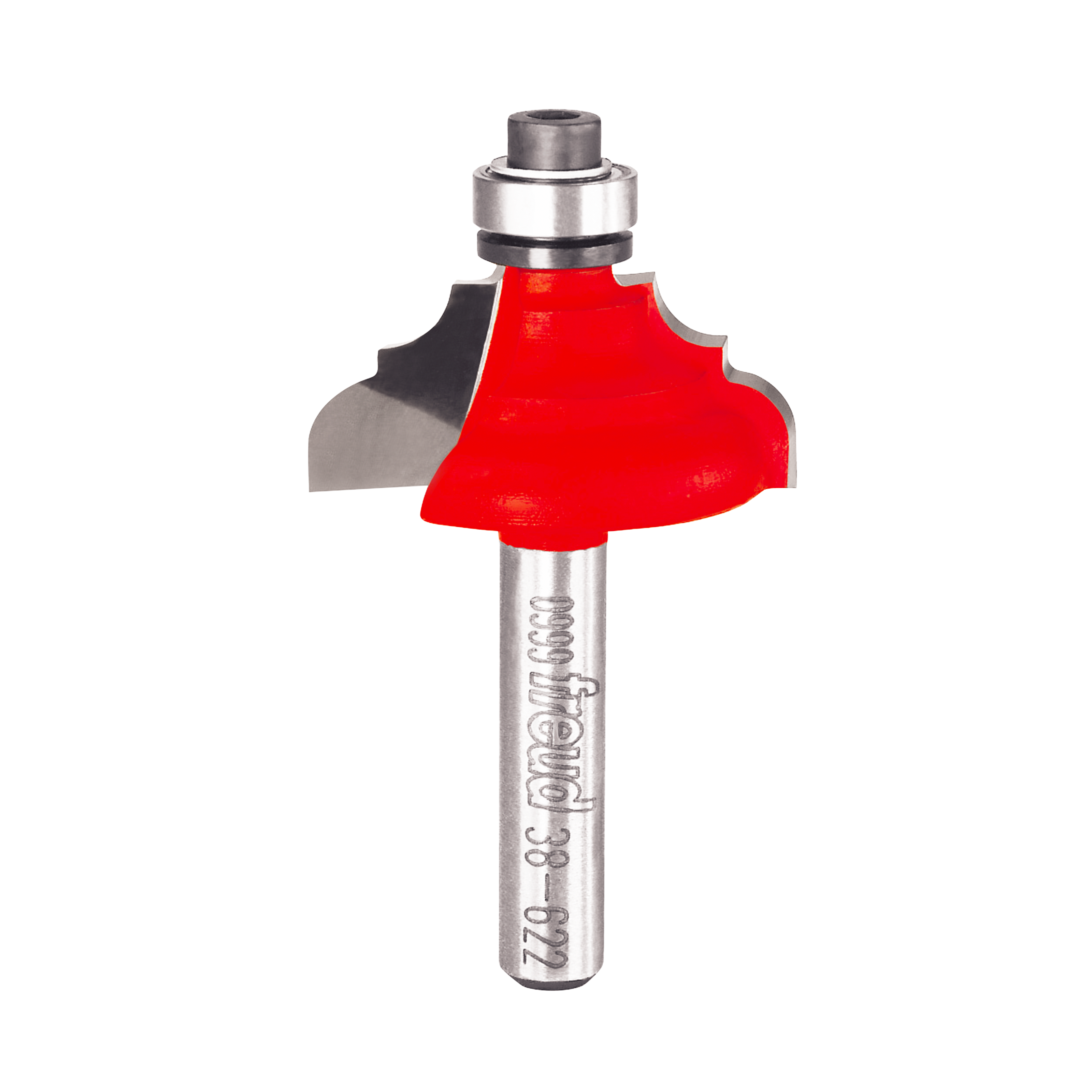 Freud classical cove and round router bit with red cutting head and silver metal shaft.