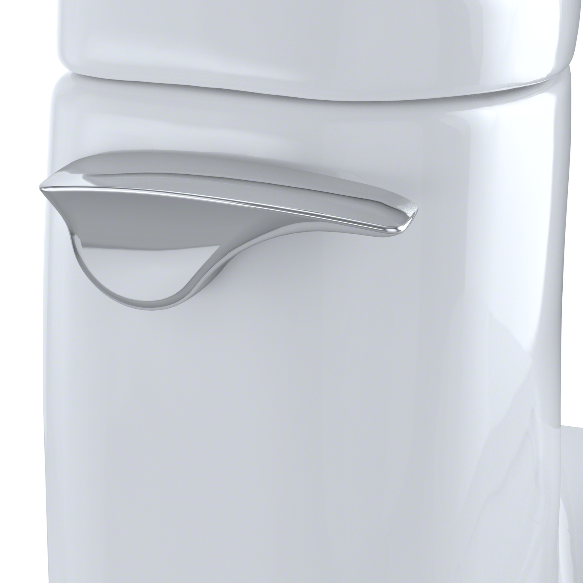 White elongated toilet with integrated bidet seat featuring curved chrome lever handle and smooth ceramic finish.